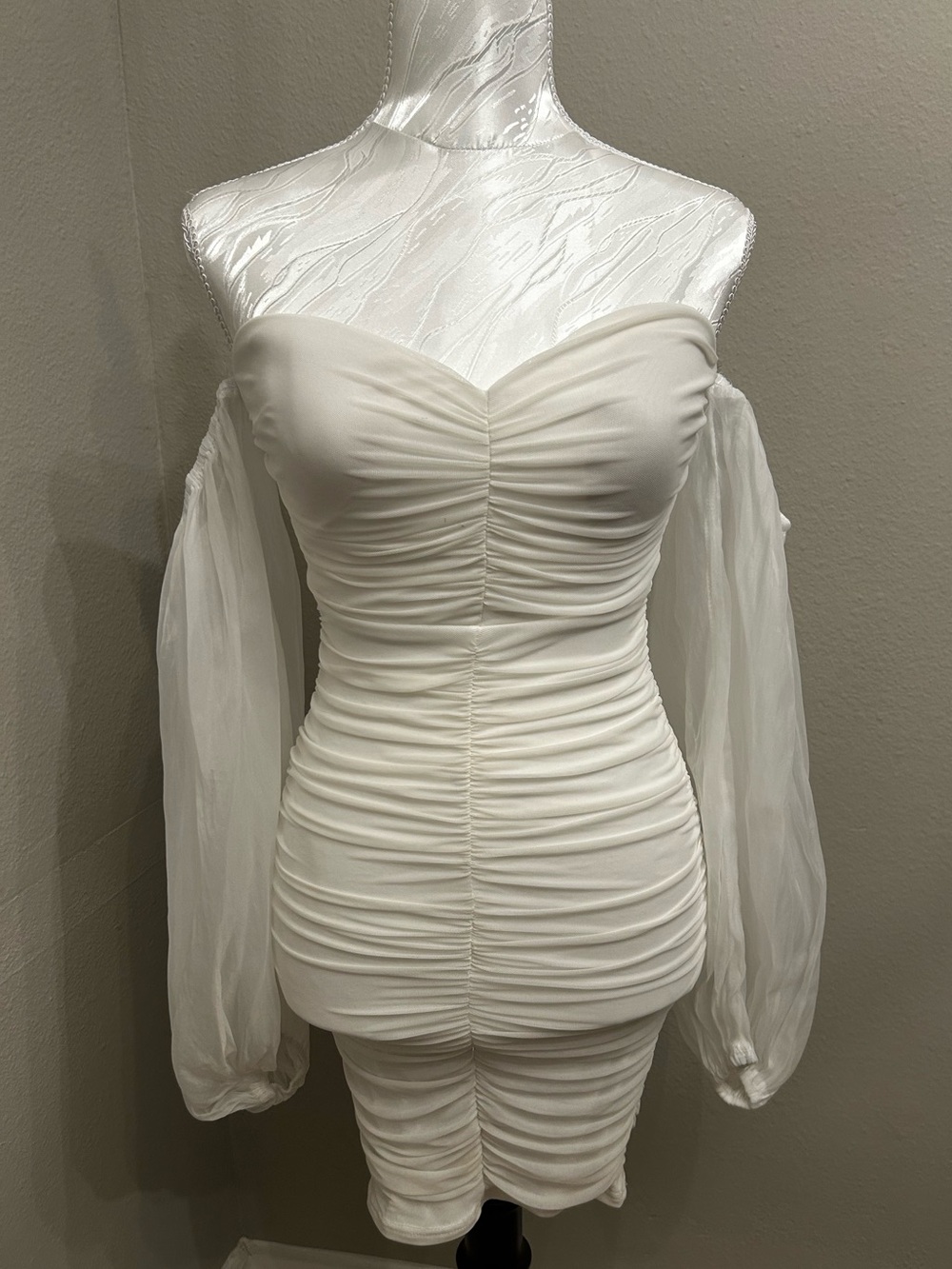 Off-Shoulder Ruched Mini Dress in Ivory